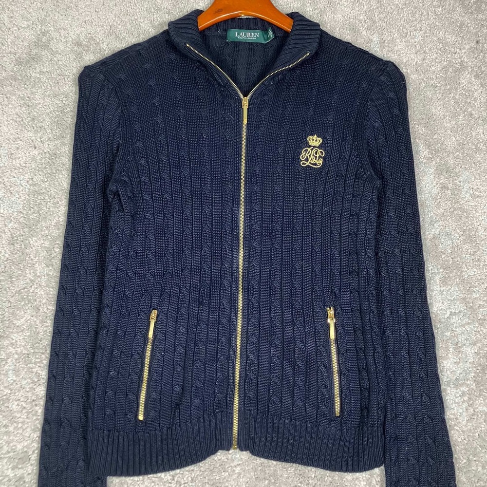 Lauren Ralph Lauren Zip Up Cardigan Womens S Navy Blue Cable Knit Gold Crest